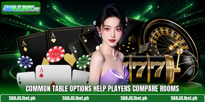 Common table options help players compare rooms